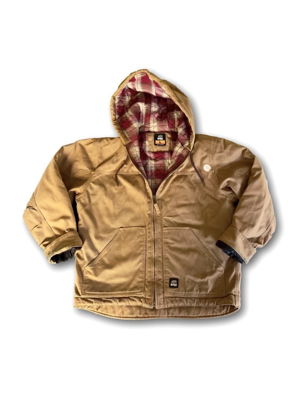 Thrashed Berne Workwear Jacket Mens Large L Brown Duck Canvas Flannel Lined